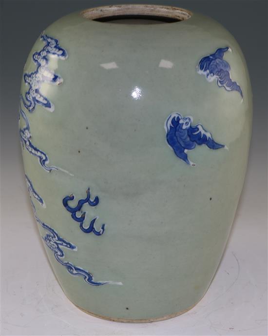 A Chinese celadon glazed ovoid jar, 18th/19th century, 28cm, cover lacking